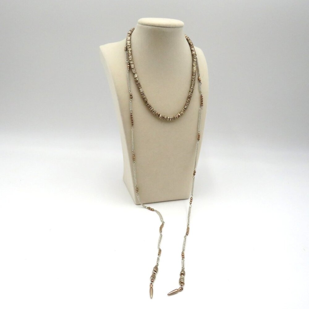 Vintage Southwestern Bolo Tie Necklace Silver‎ Tone Bronze Beads Layered Chain